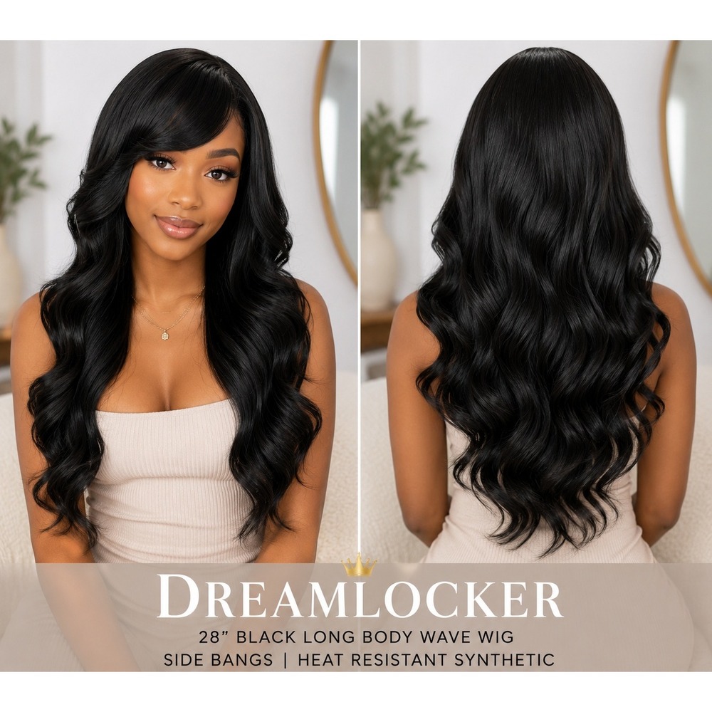 28" Black Body Wave Wig Side Bangs Heat Resistant Synthetic Hair Natural Look